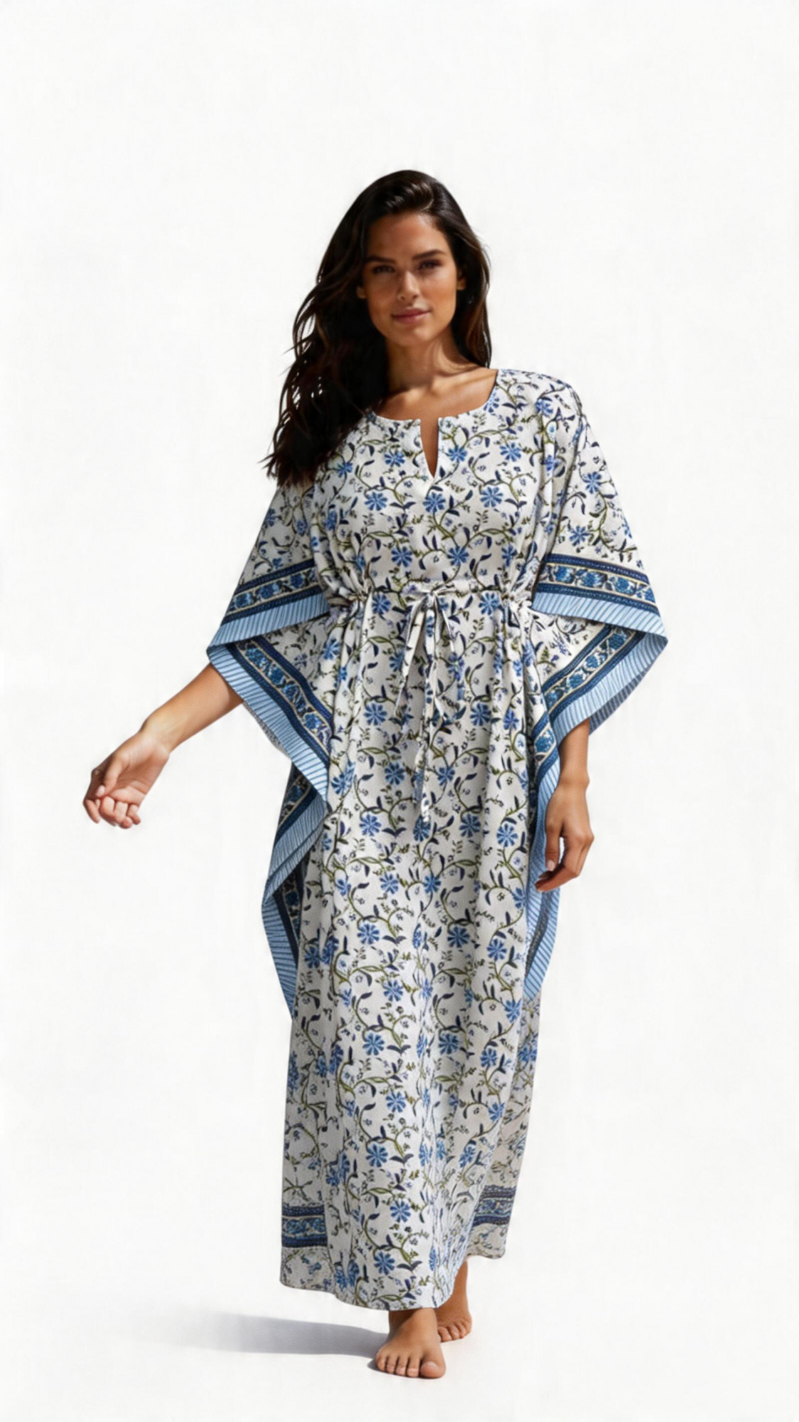 Long Size Kaftan Free Size Indian Block-Printed Loungewear in Soft Cotton Voile Ragini Blue 207729