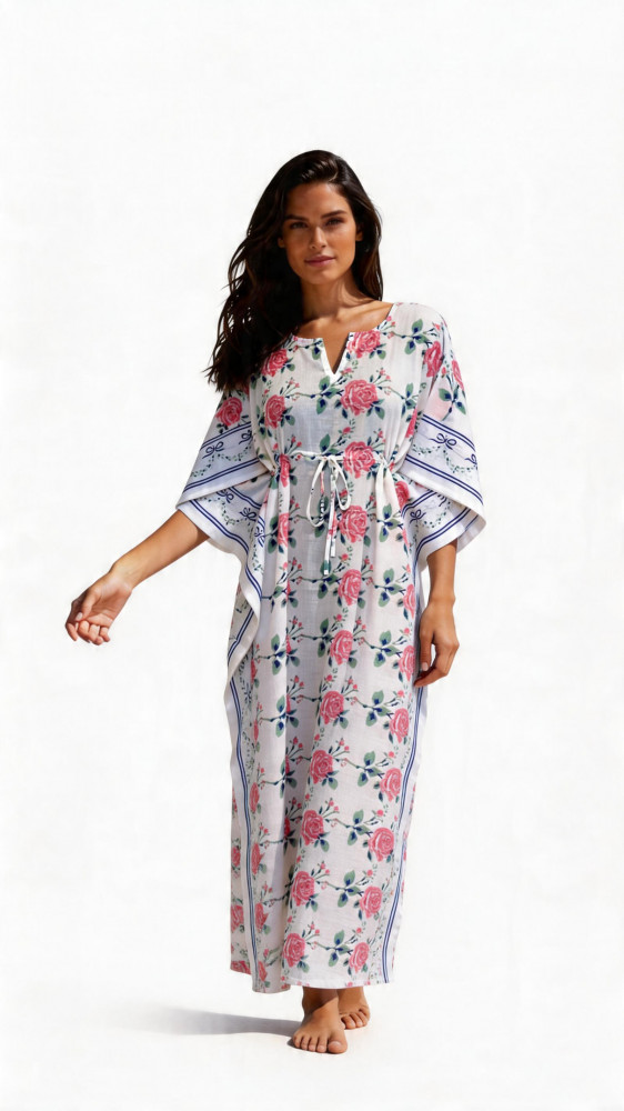 Image of Long Size Kaftan Free Size Indian Block-Printed Loungewear in Soft Cotton Voile | Roseline Pink 103221