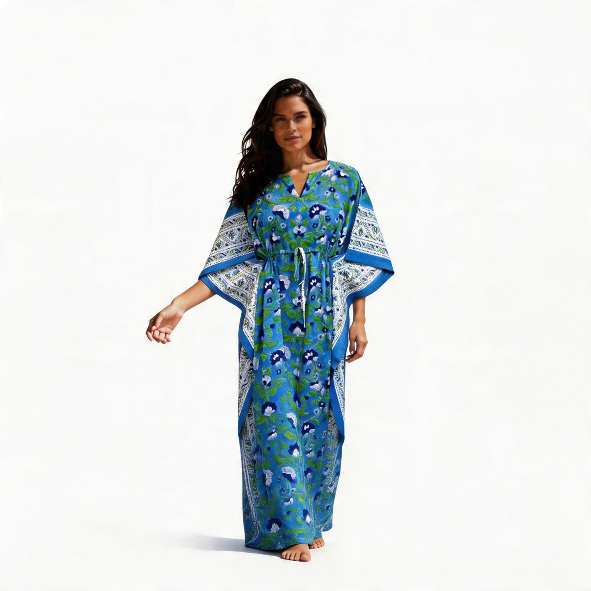 Long Size Kaftan Free Size Indian Block-Printed Loungewear in Soft Cotton Voile Rukhsana Blue Gud 103736