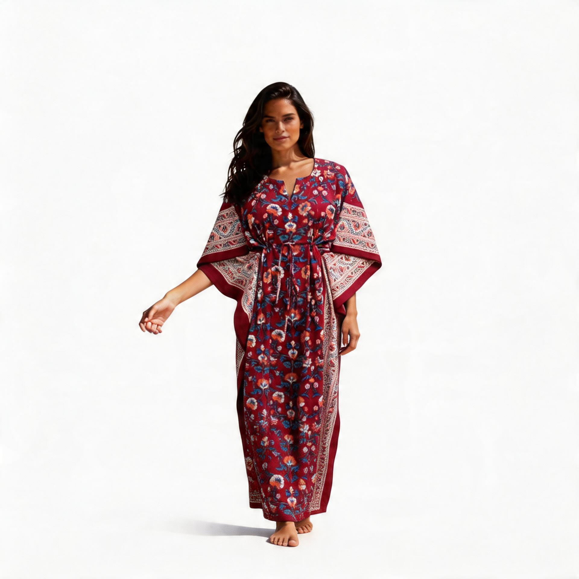 Long Size Kaftan Free Size Indian Block-Printed Loungewear in Soft Cotton Voile Rukhsana Maroon Gud 105823