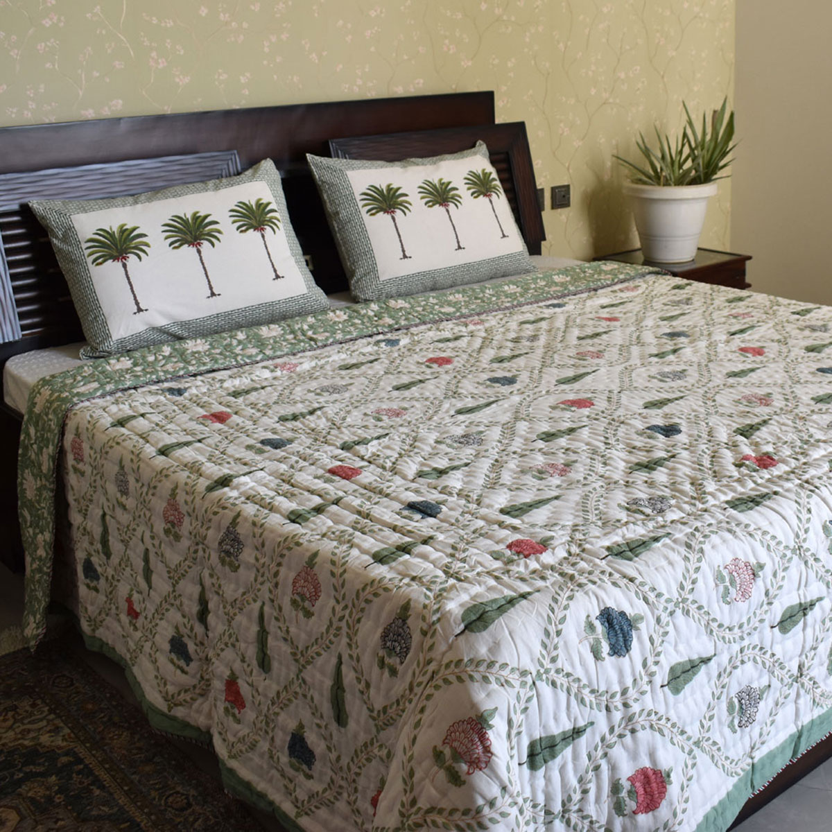 Hand Block Printed Cotton Queen Size Quilt  White Green Flower 202215