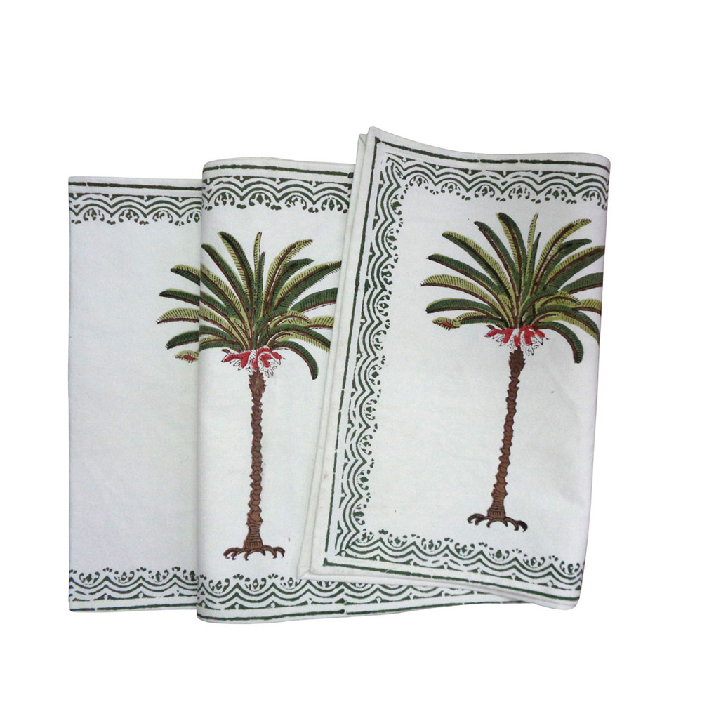 Hand Block Printed Cotton Canvas Table Runner 33x170 cms Palm Tree Green 109024
