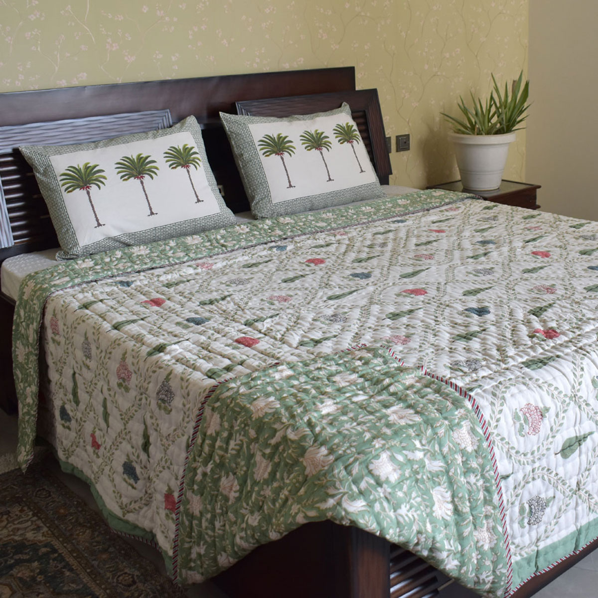 Hand Block Printed Cotton Queen Size Quilt  White Green Flower 202215