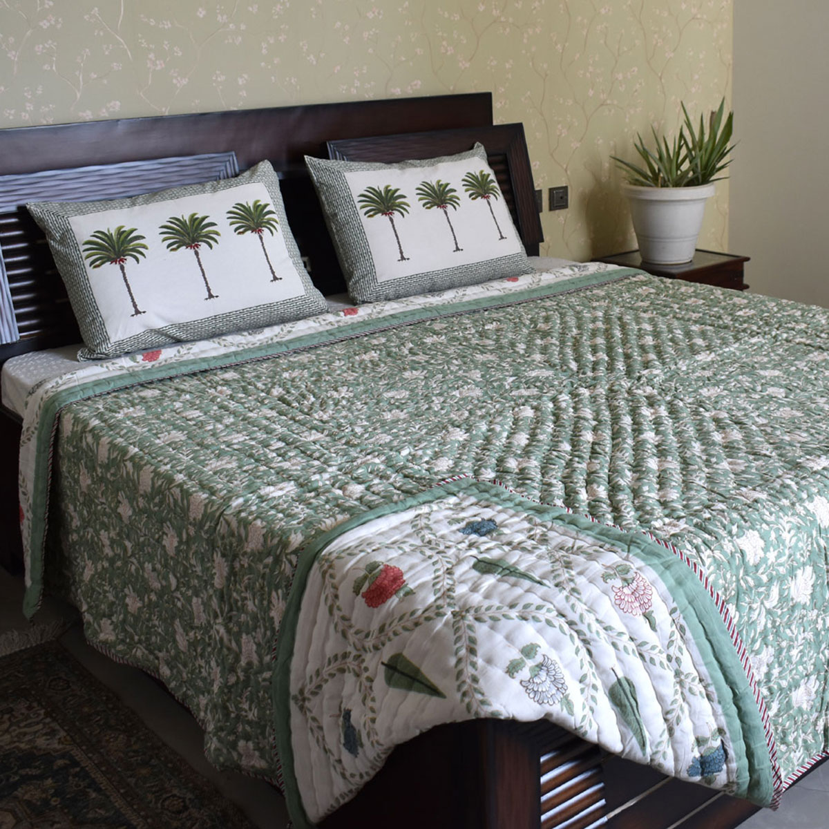 Hand Block Printed Cotton Queen Size Quilt  White Green Flower 202215