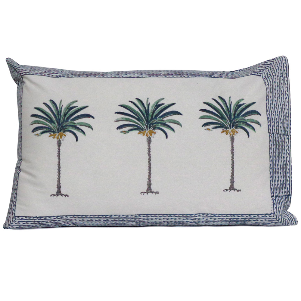 Hand Block Printed Cotton Pillows Cover 50x70 cm Set of 2  Palm Tree Blue 104902