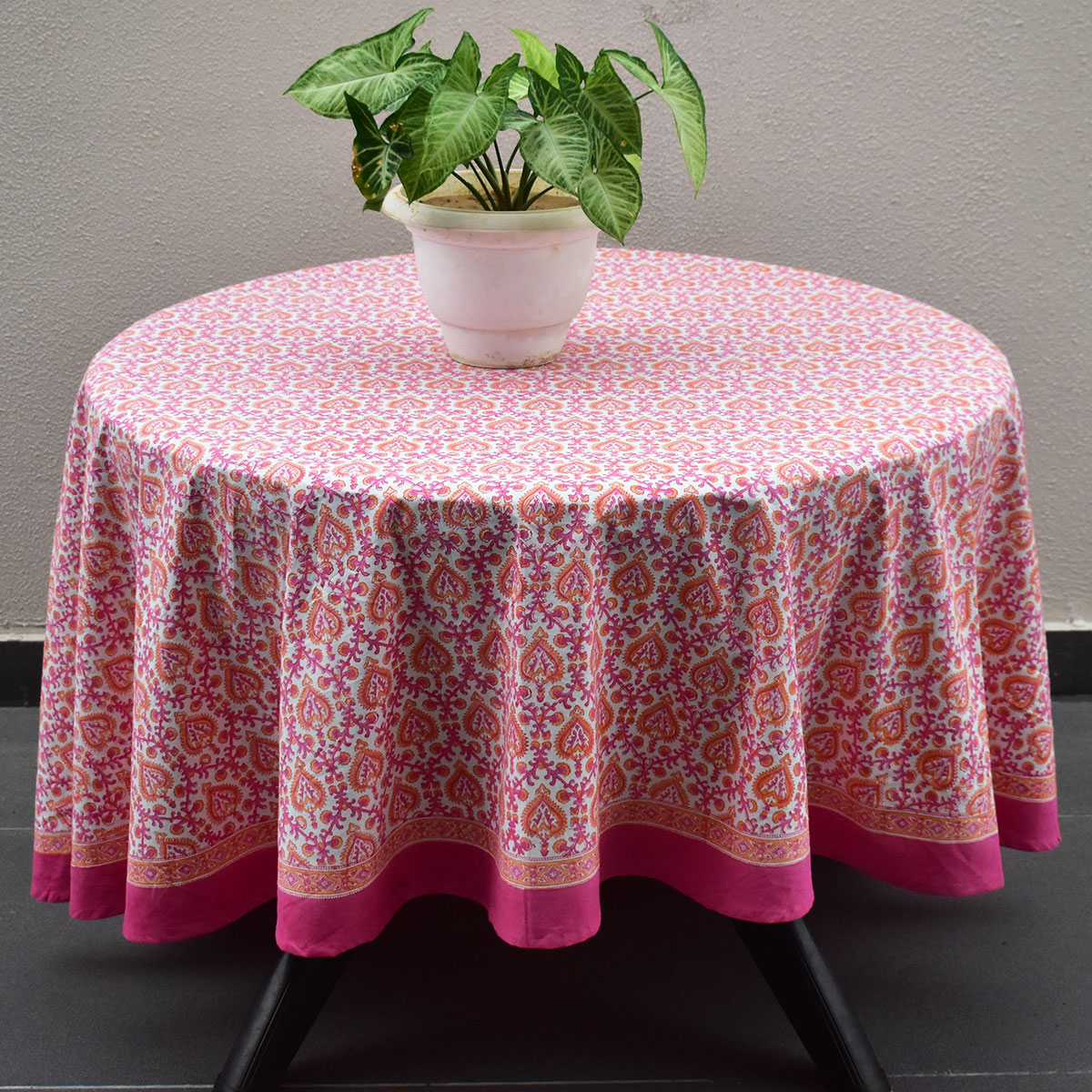Round 220 cms Cotton French Design Table Cover Mughal Pink Orange 202523