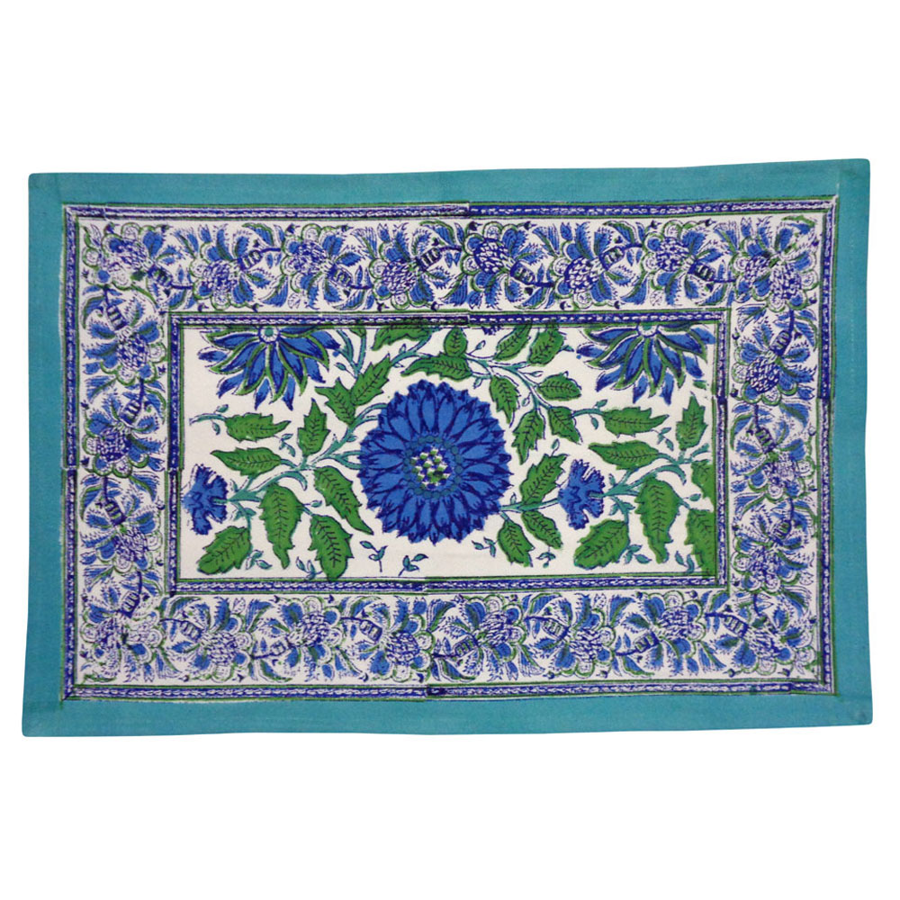 Hand Block Printed Cotton Canvas Table Mat 32x48 cms Set of 2 Table mats Surajmukhi Blue Open 207560