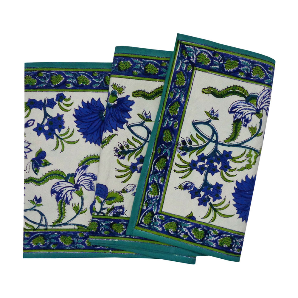 Hand Block Printed Cotton Canvas Table Runner 33x170 cms Flower Blossom Sea Green Open 100358