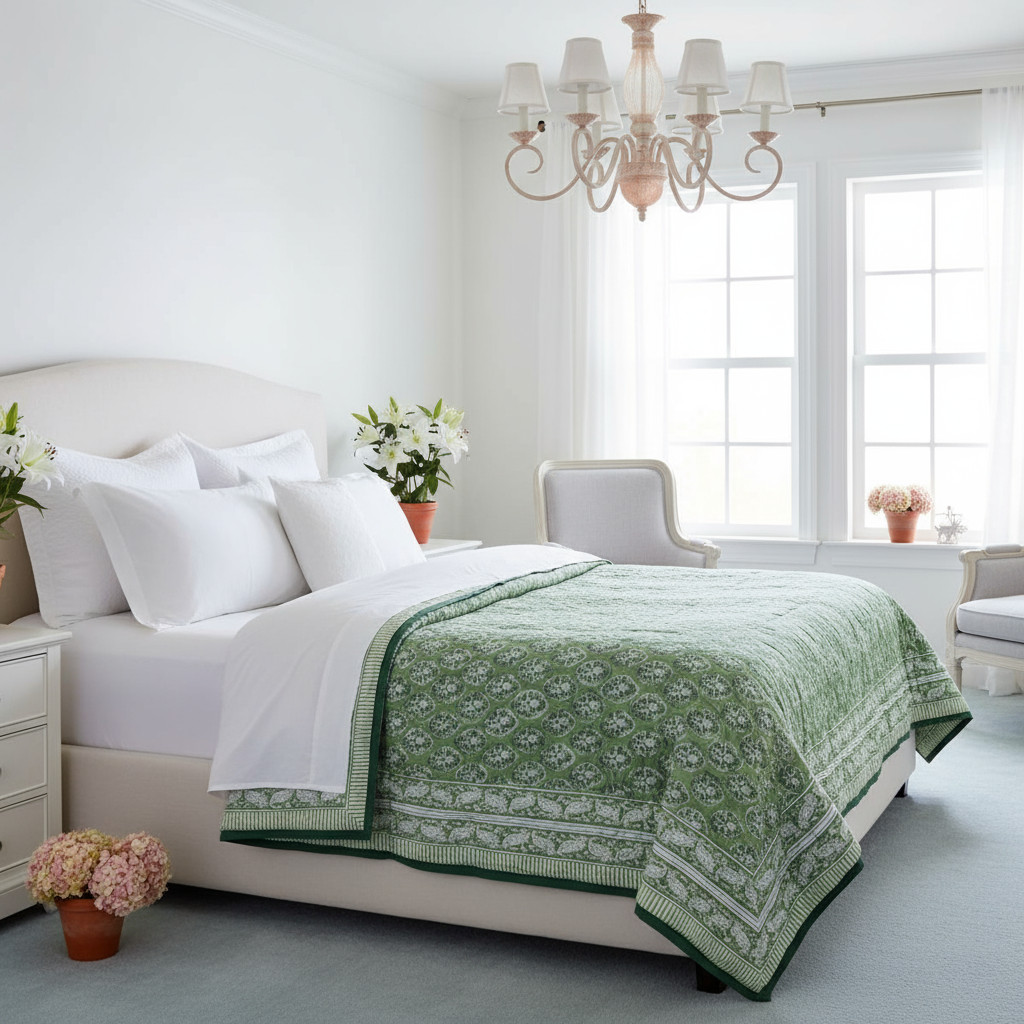 Hand Block Printed Cotton Queen Size Quilt Boota Celadon Green Gud 100673