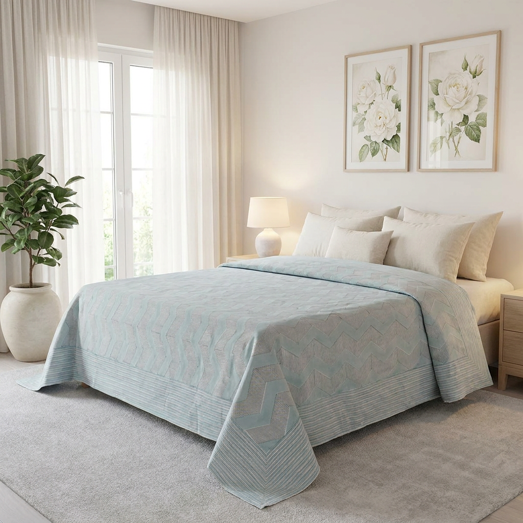 King Size Block Printed Percale Fine Cotton Bedspread with 2 Pillow Cases 100902