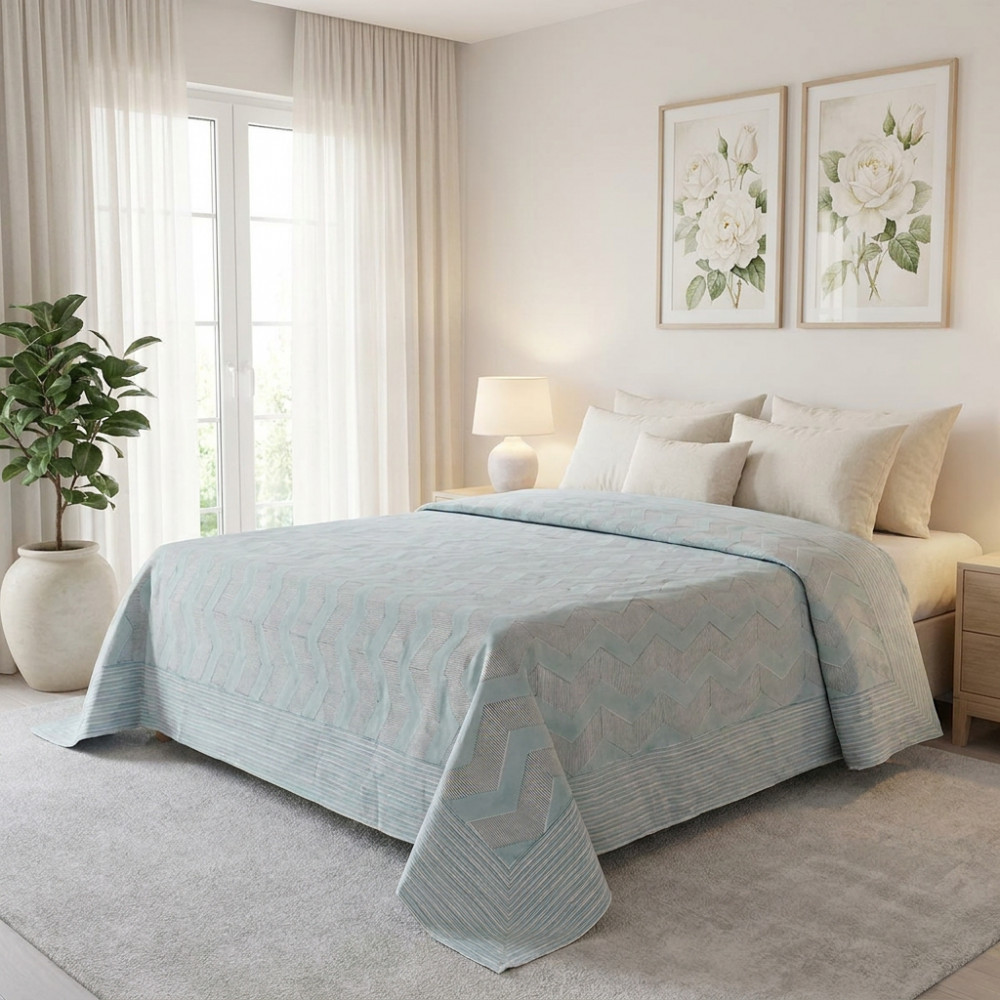 Image of King Size Block Printed Percale Fine Cotton Bedspread with 2 Pillow Cases  | 100902
