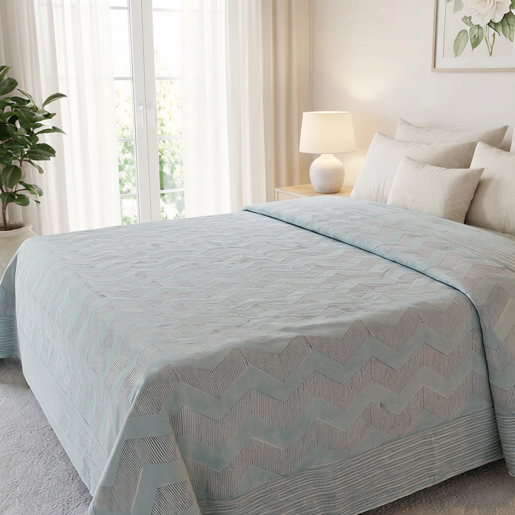 King Size Block Printed Percale Fine Cotton Bedspread with 2 Pillow Cases   100902