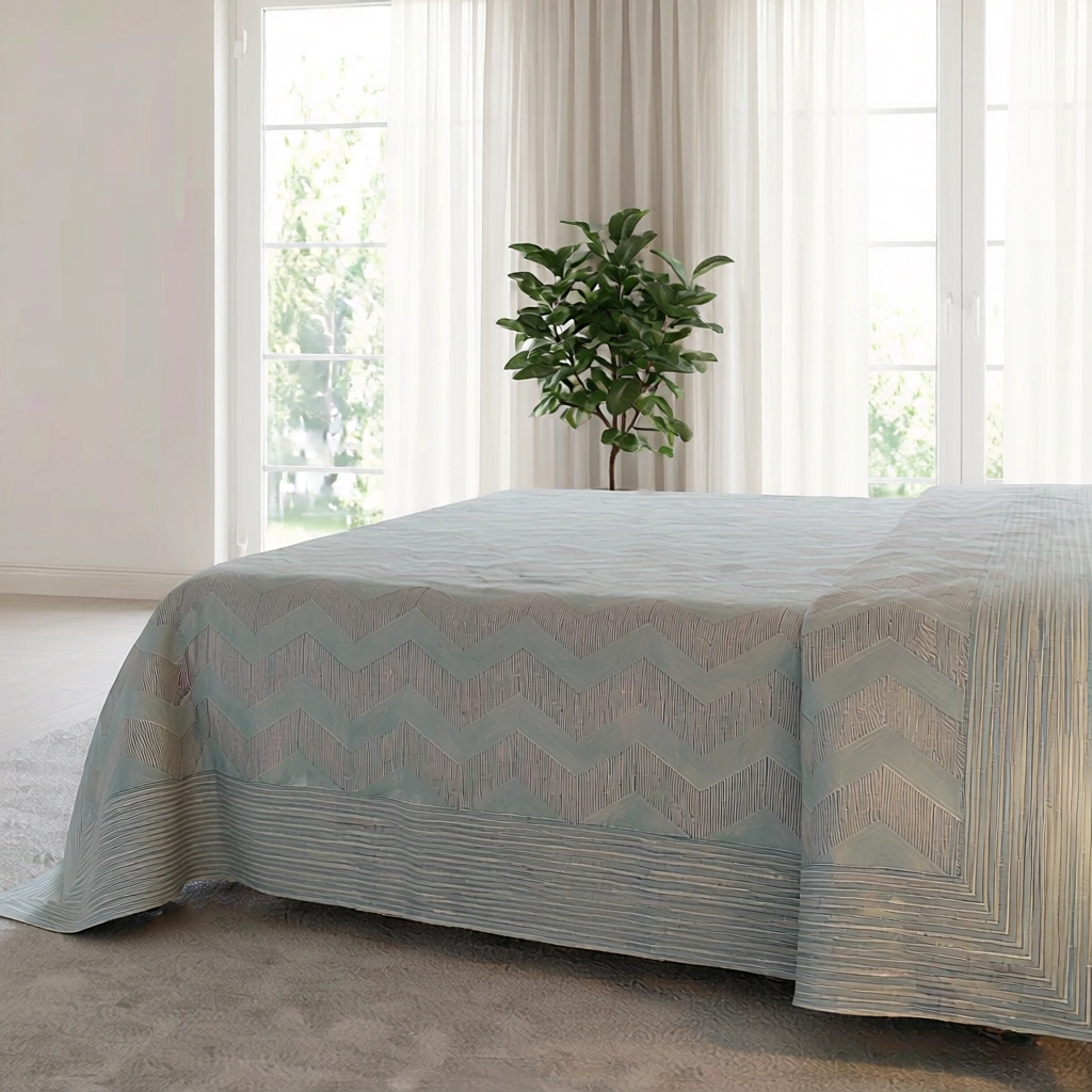 King Size Block Printed Percale Fine Cotton Bedspread with 2 Pillow Cases 100902