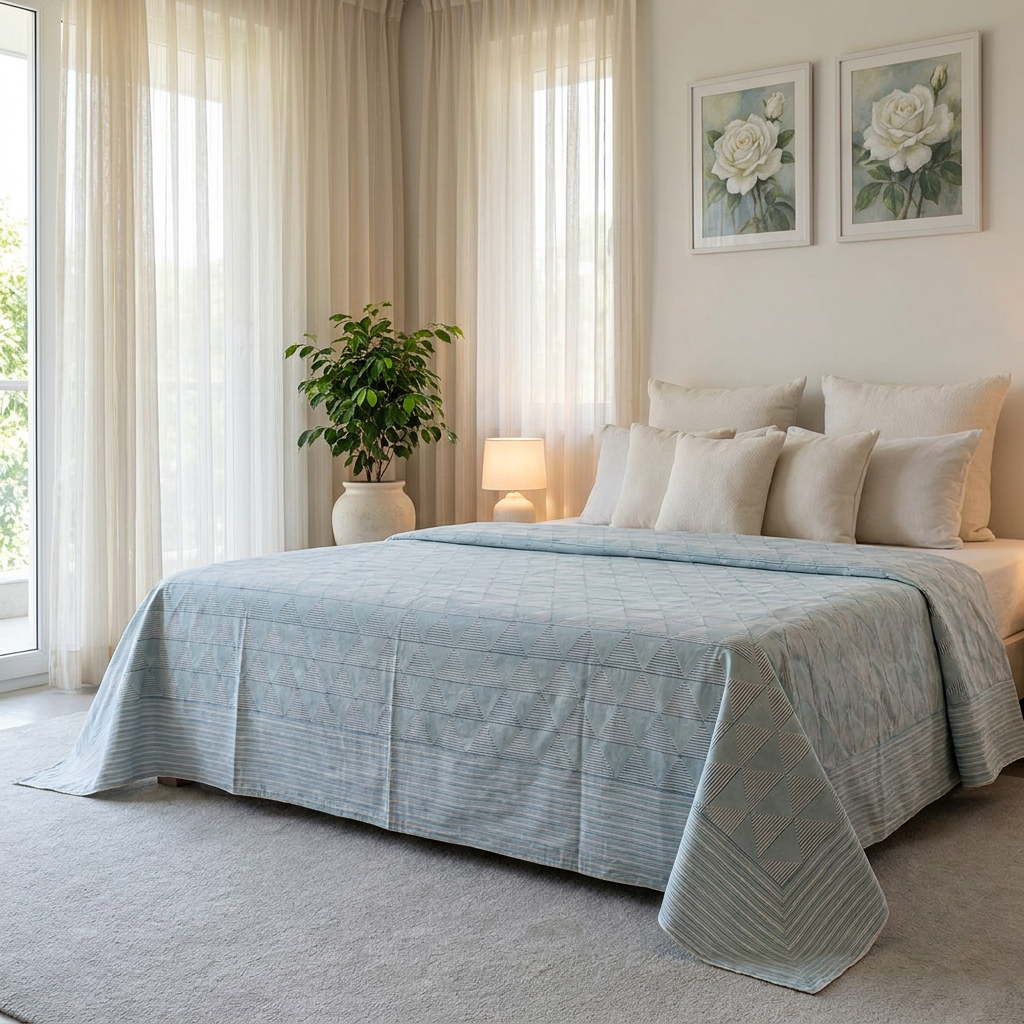 King Size Block Printed Percale Fine Cotton Bedspread with 2 Pillow Cases 100913