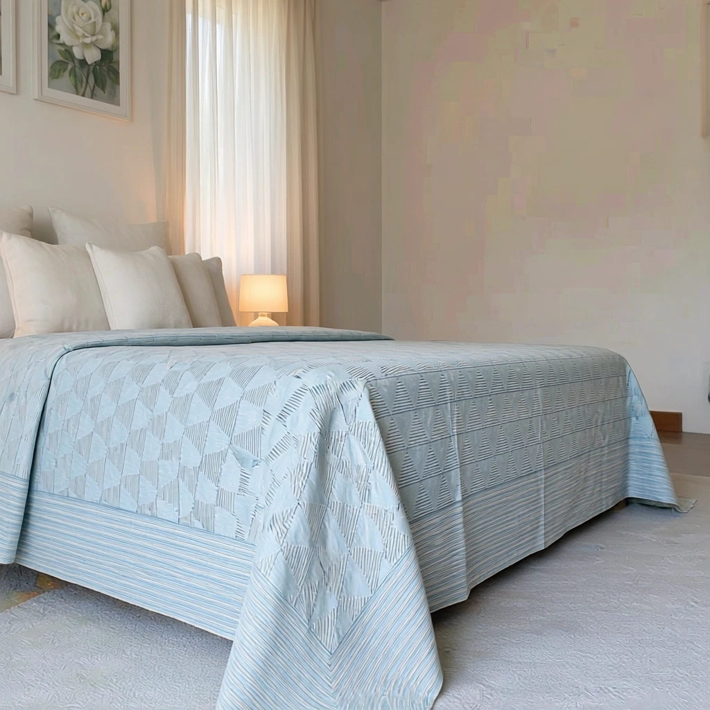 King Size Block Printed Percale Fine Cotton Bedspread with 2 Pillow Cases 100913
