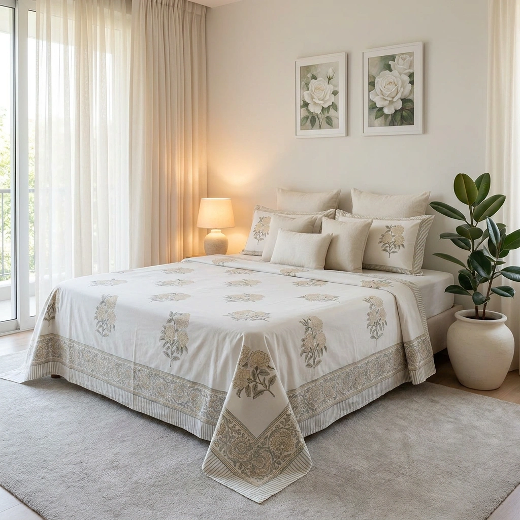 King Size Block Printed Percale Fine Cotton Bedspread with 2 Pillow Cases 100923