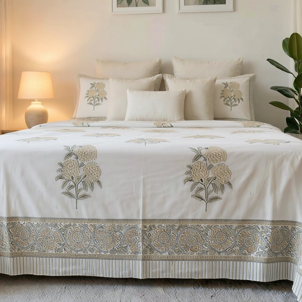 King Size Block Printed Percale Fine Cotton Bedspread with 2 Pillow Cases 100923