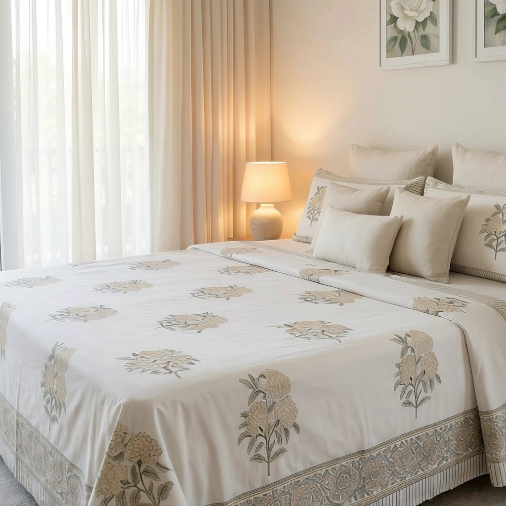 King Size Block Printed Percale Fine Cotton Bedspread with 2 Pillow Cases 100923