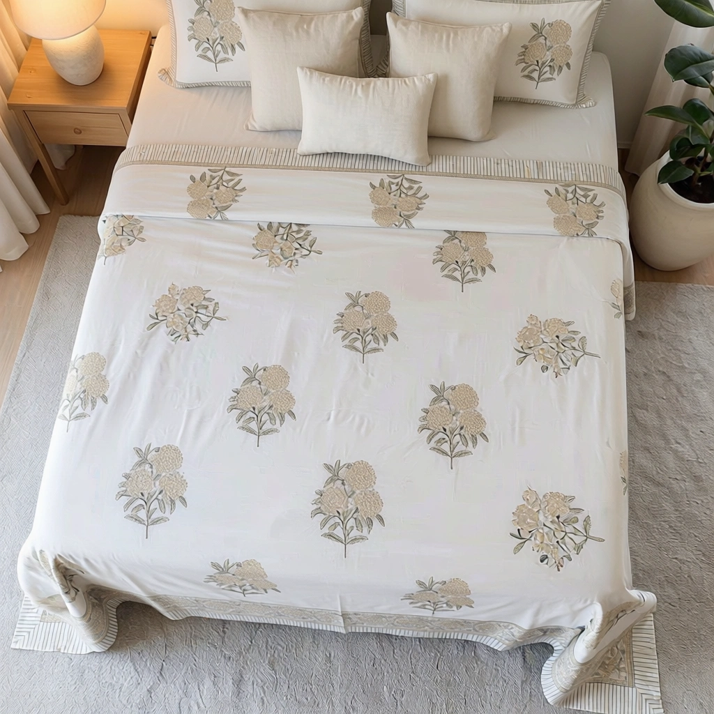 King Size Block Printed Percale Fine Cotton Bedspread with 2 Pillow Cases 100923