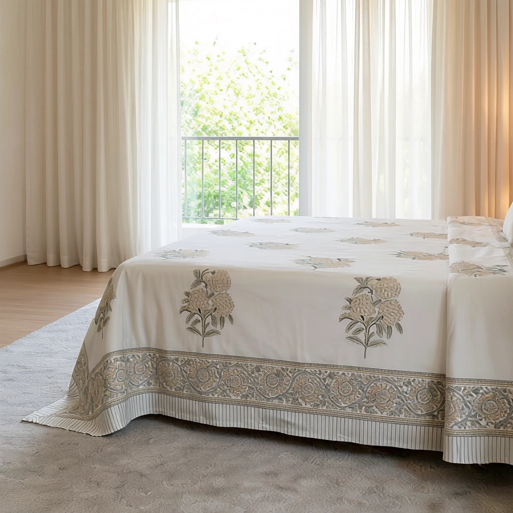 King Size Block Printed Percale Fine Cotton Bedspread with 2 Pillow Cases 100923
