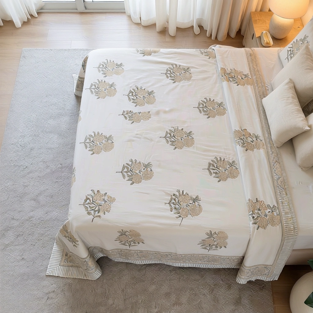 King Size Block Printed Percale Fine Cotton Bedspread with 2 Pillow Cases 100923