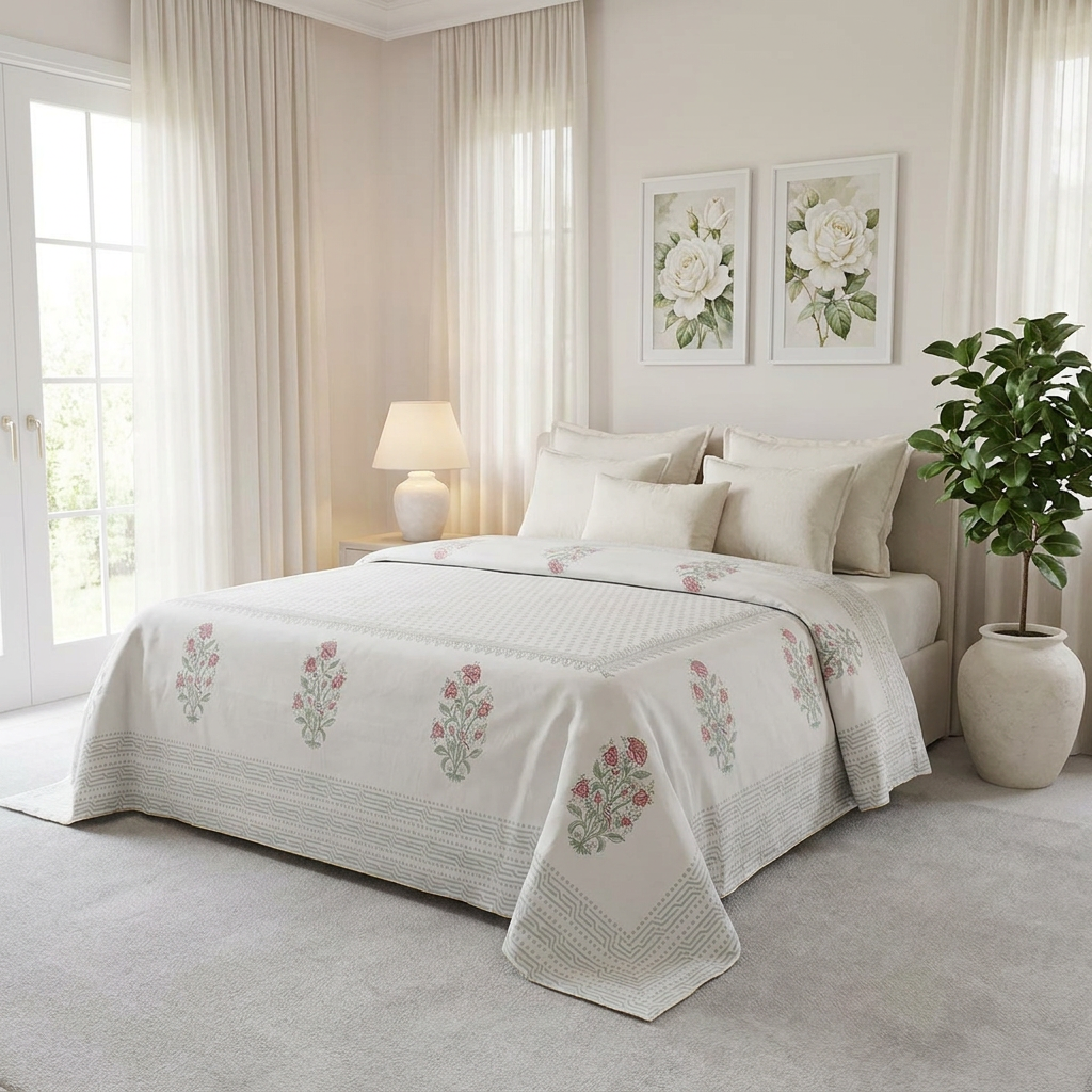King Size Block Printed Percale Fine Cotton Bedspread with 2 Pillow Cases 100927