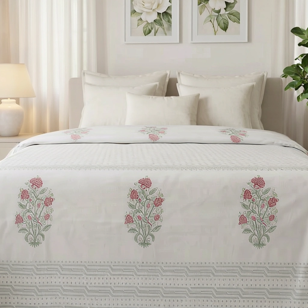 King Size Block Printed Percale Fine Cotton Bedspread with 2 Pillow Cases 100927