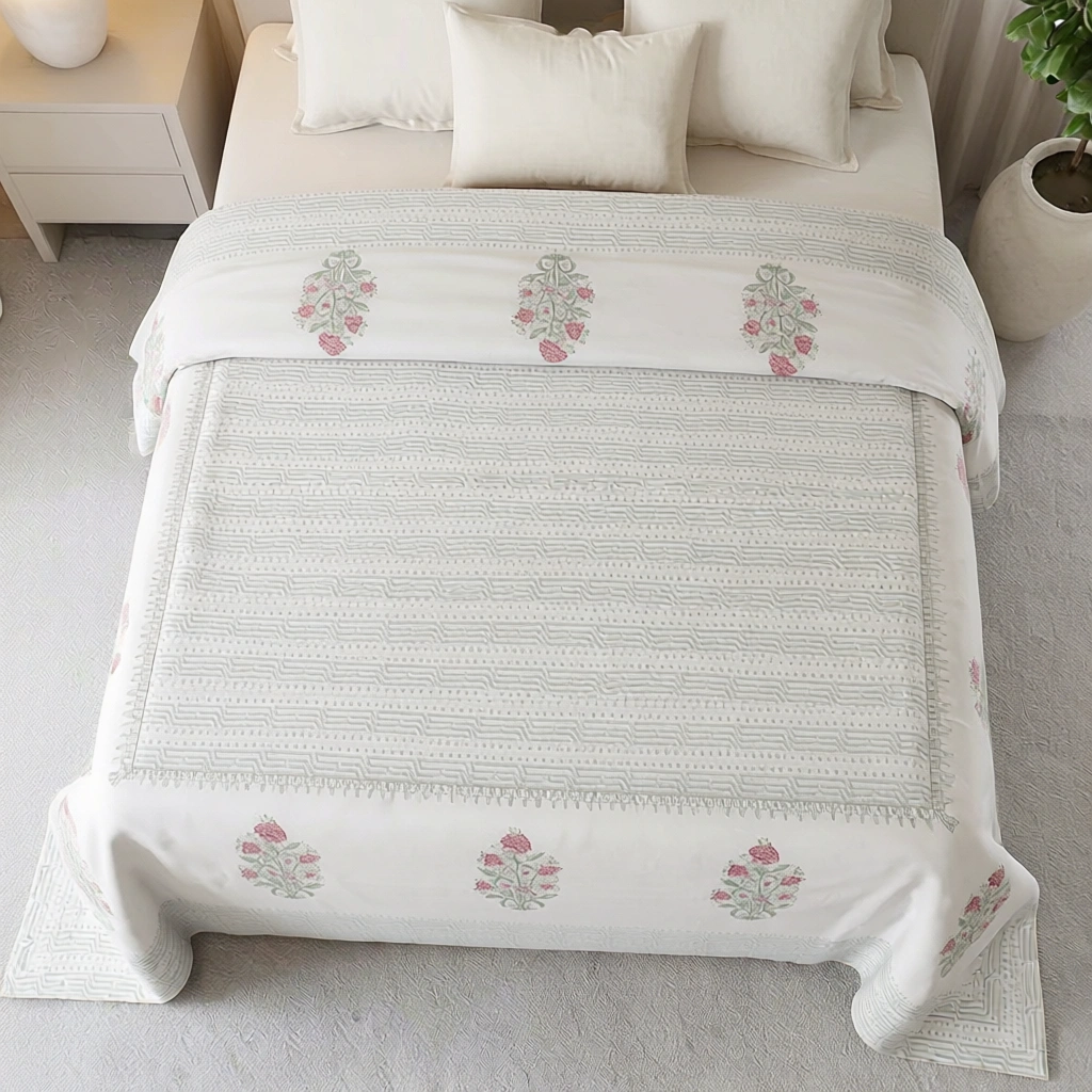 King Size Block Printed Percale Fine Cotton Bedspread with 2 Pillow Cases 100927