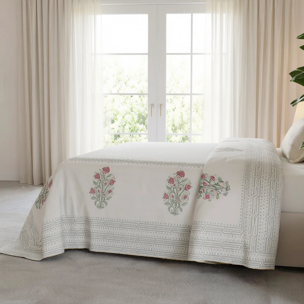King Size Block Printed Percale Fine Cotton Bedspread with 2 Pillow Cases   100927