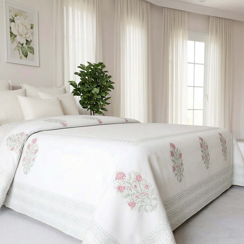 King Size Block Printed Percale Fine Cotton Bedspread with 2 Pillow Cases   100927