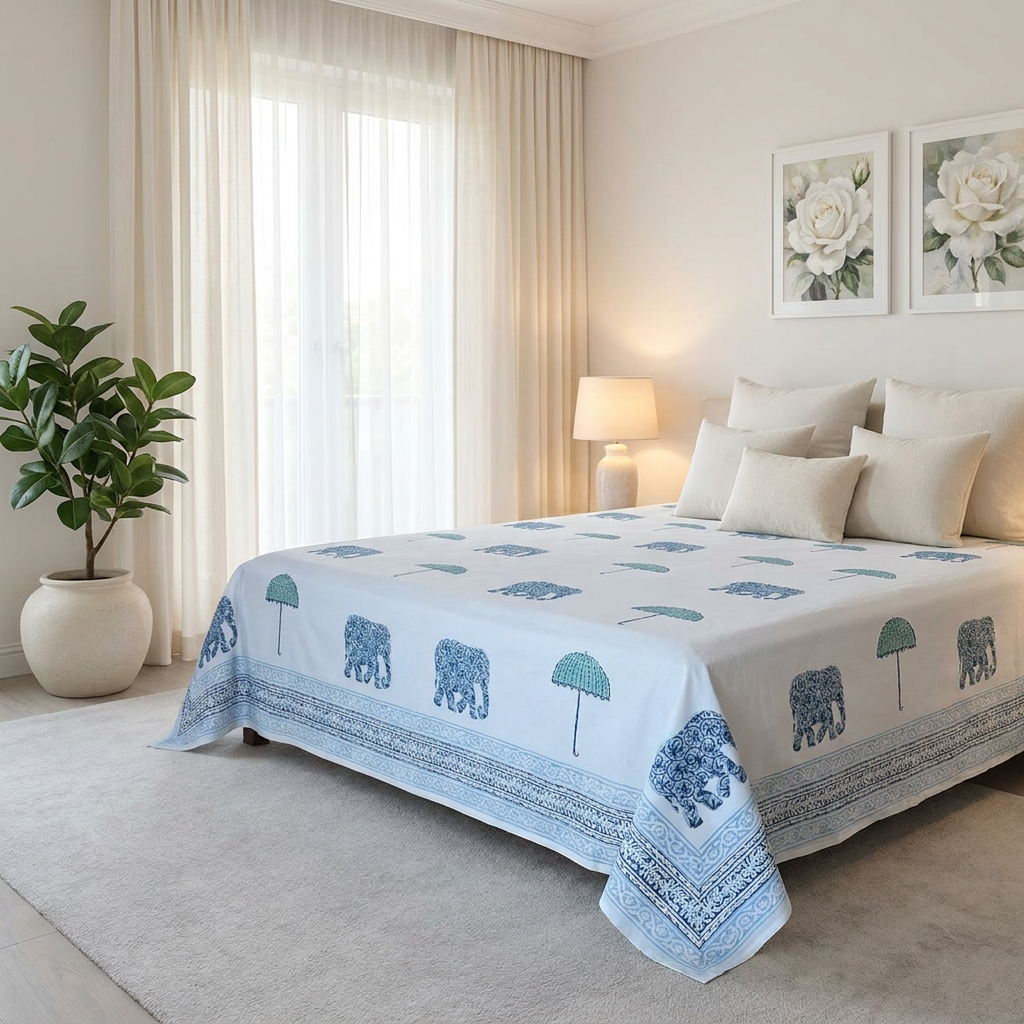 King Size Block Printed Percale Fine Cotton Bedspread with 2 Pillow Cases 100955