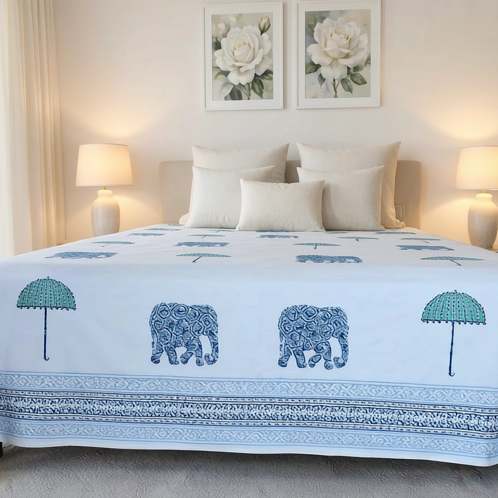 King Size Block Printed Percale Fine Cotton Bedspread with 2 Pillow Cases   100955