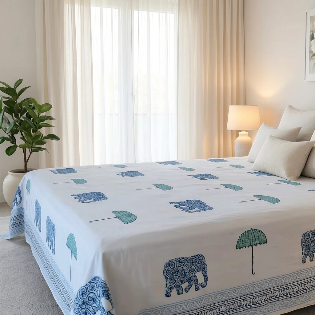 King Size Block Printed Percale Fine Cotton Bedspread with 2 Pillow Cases 100955