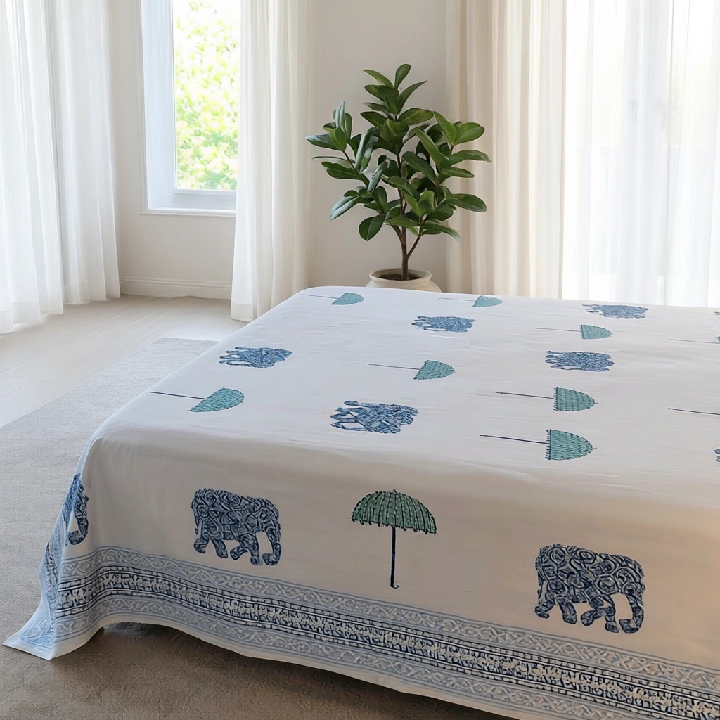 King Size Block Printed Percale Fine Cotton Bedspread with 2 Pillow Cases   100955