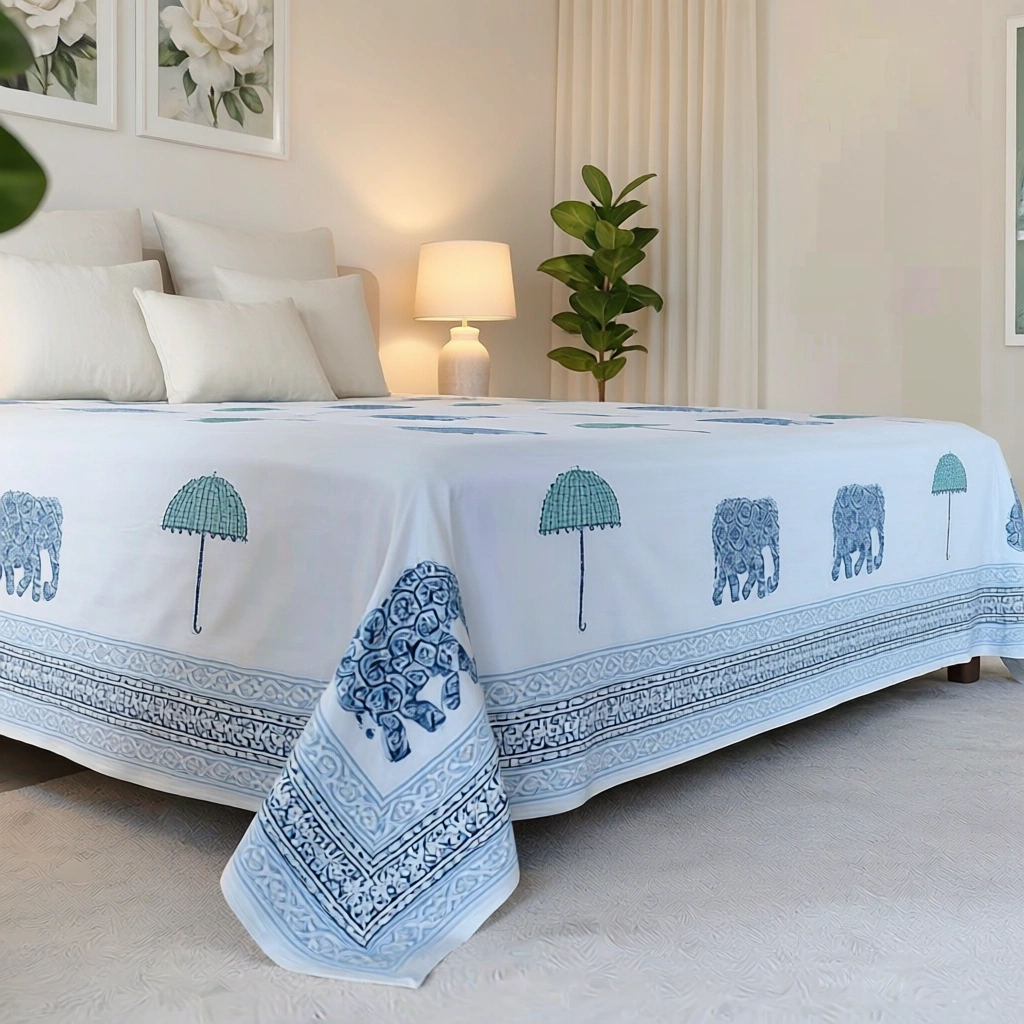 King Size Block Printed Percale Fine Cotton Bedspread with 2 Pillow Cases   100955