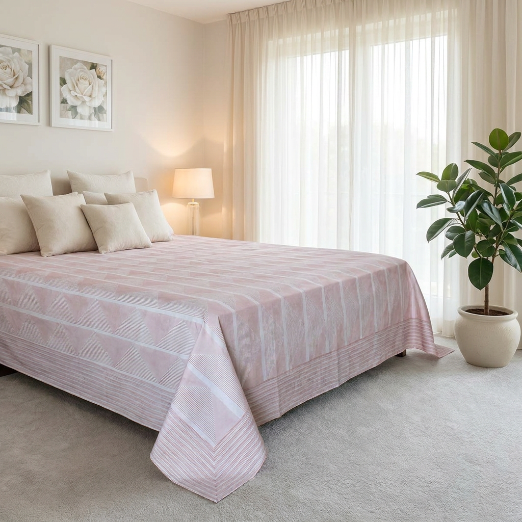King Size Block Printed Percale Fine Cotton Bedspread with 2 Pillow Cases 100960