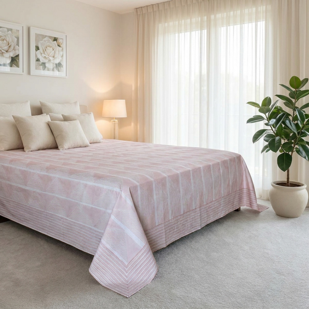 Image of King Size Block Printed Percale Fine Cotton Bedspread with 2 Pillow Cases  | 100960