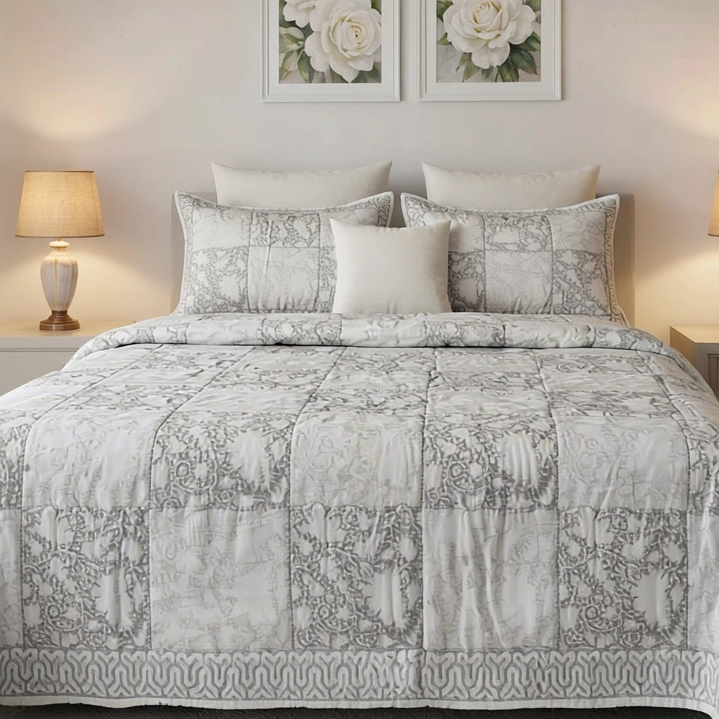 Hand Block Printed Soft Cotton Quilted Bedspread Queen Size 103877
