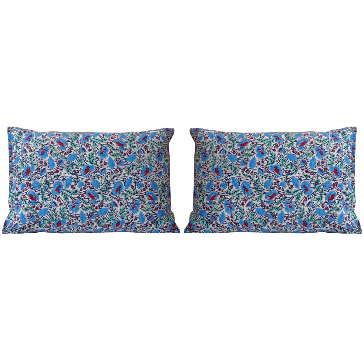 Hand Block Printed Cotton Pillows Cover 50x70 cm Set of 2 Bush Flower Blue Open 202904