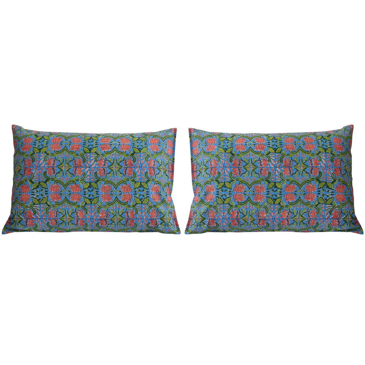 Hand Block Printed Cotton Pillows Cover 50x70 cm Set of 2 Lotus Green Gud 204895