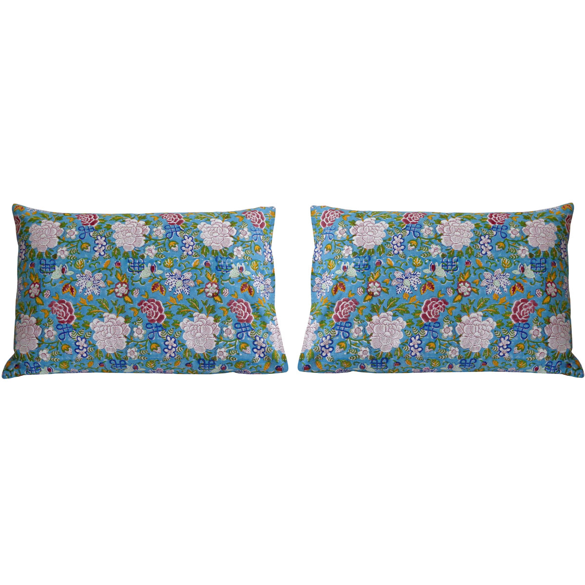 Hand Block Printed Cotton Pillows Cover 50x70 cm Set of 2 Floral Canvas Blue Jade Gud 106875