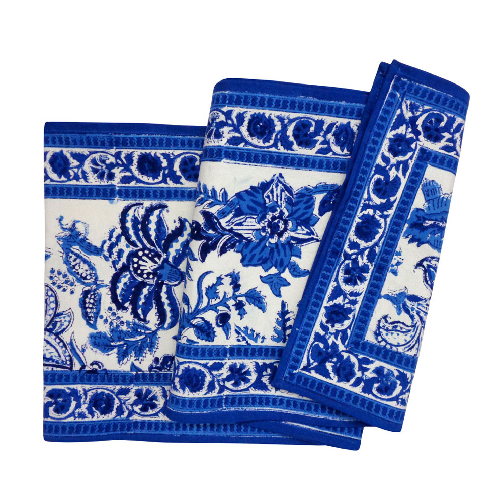 Hand Block Printed Cotton Canvas Table Runner 33x170 cms Anarkali Blue Open 106795