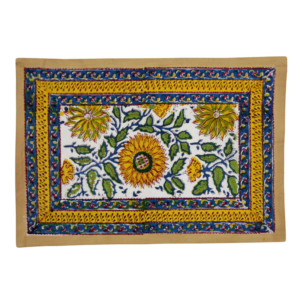Hand Block Printed Cotton Canvas Table Mat 32x48 cms Set of 2 Table mats Surajmukhi Canary Open 206589