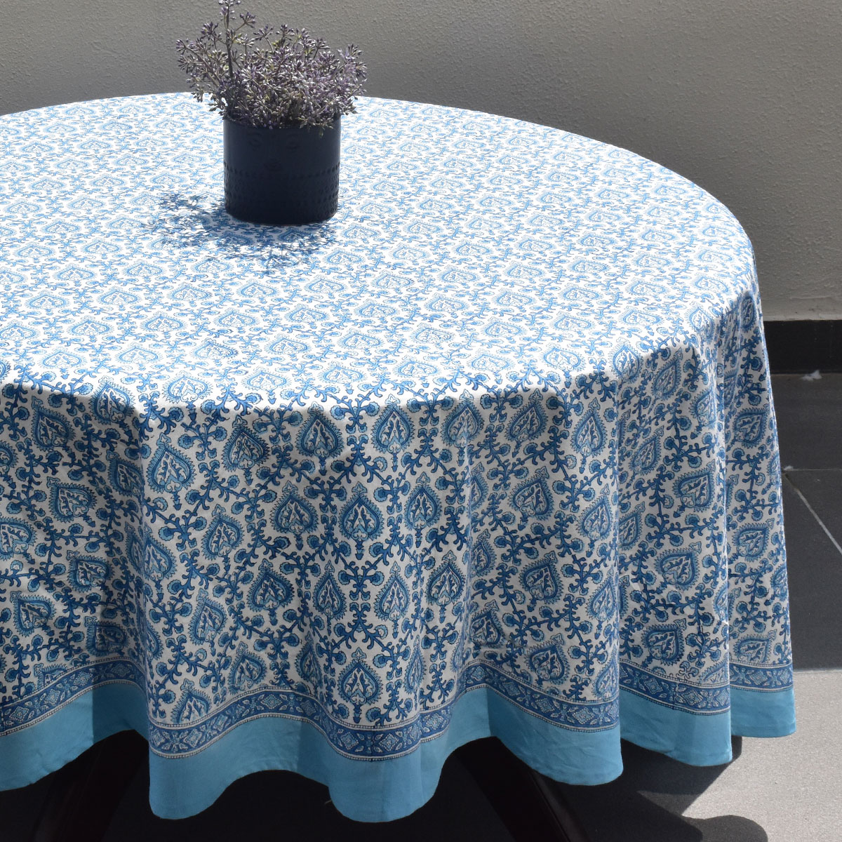 Round 220 cms Cotton French Design Table Cover Mughal Blue 202521