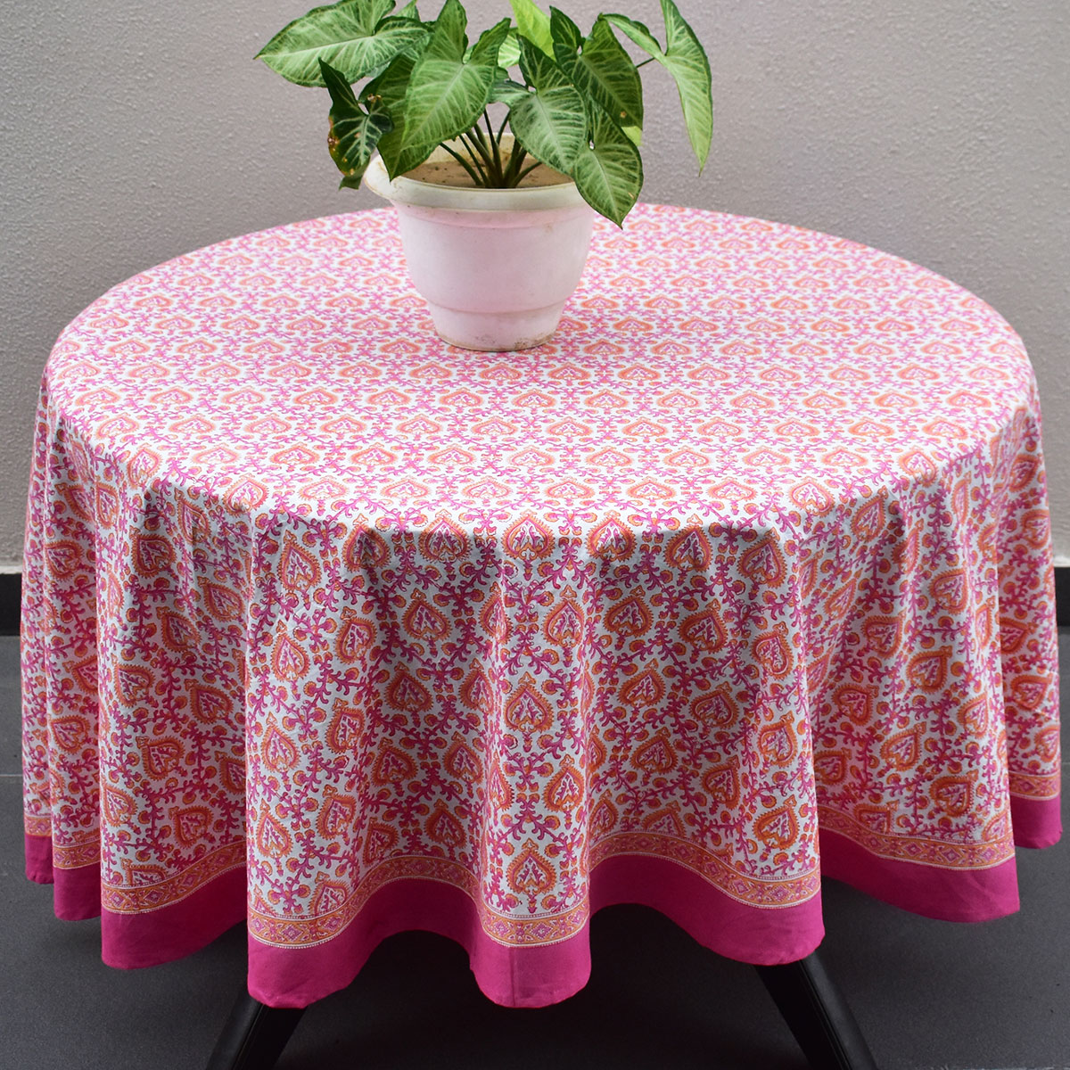 Round 220 cms Cotton French Design Table Cover Mughal Pink Orange 202523