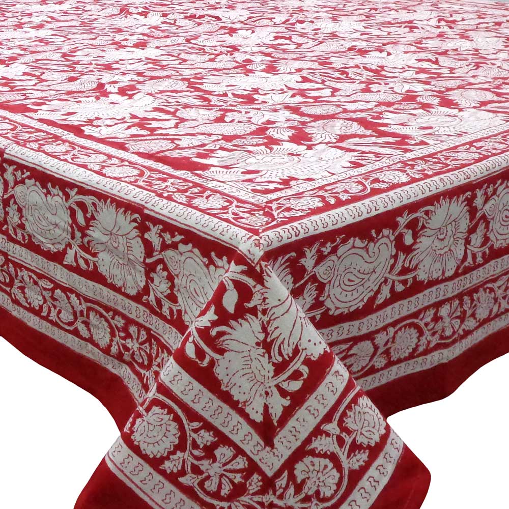 Square Tablecloth in Cotton Hand Block Printed Cotton Tablecloth 150x150 cms  Amarnath Rococco Red 200196