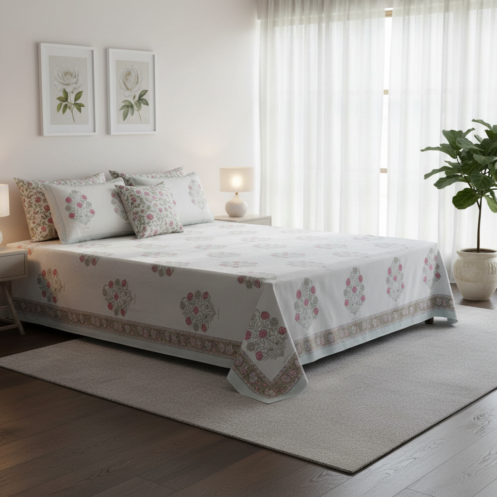 King Size Block Printed Percale Fine Cotton Bedspread with 2 Pillow Cases 200685