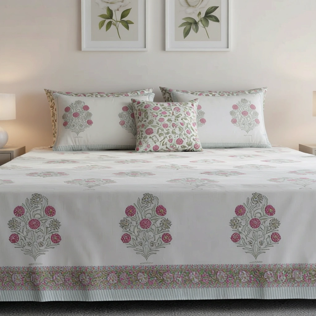 King Size Block Printed Percale Fine Cotton Bedspread with 2 Pillow Cases   200685