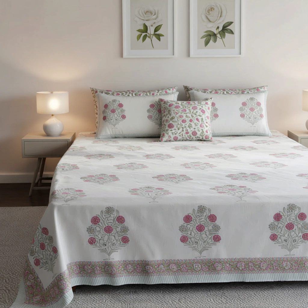 King Size Block Printed Percale Fine Cotton Bedspread with 2 Pillow Cases 200685