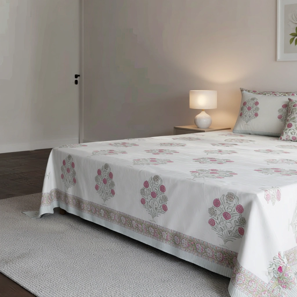 King Size Block Printed Percale Fine Cotton Bedspread with 2 Pillow Cases   200685